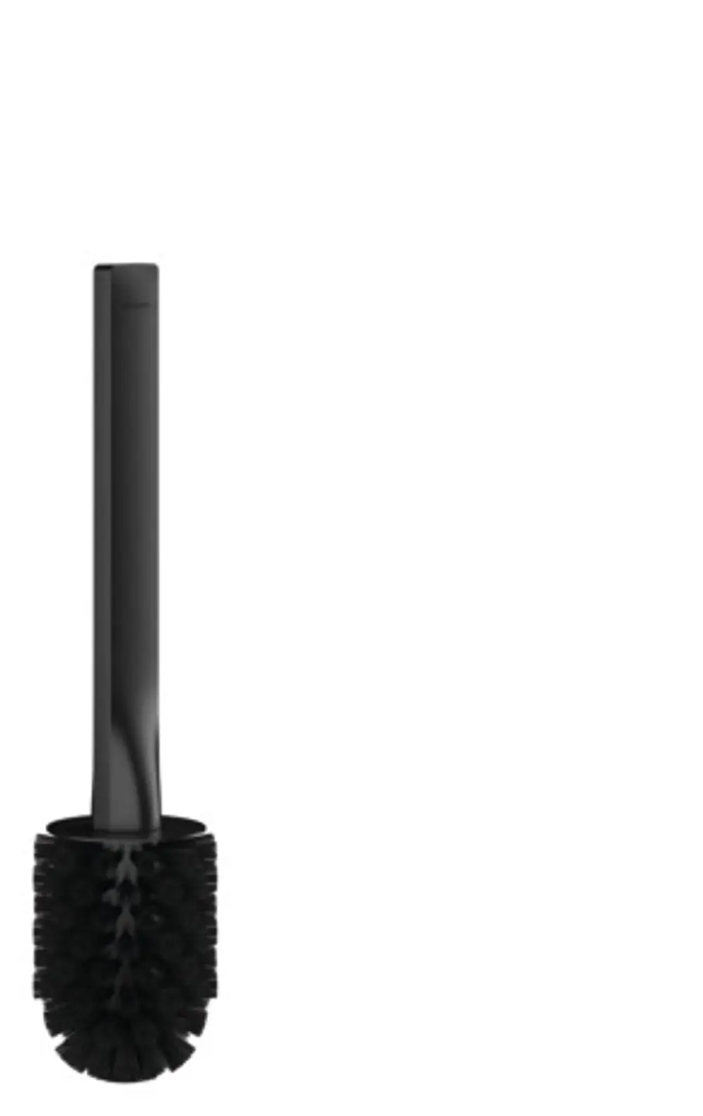 Schwarze Toilettenbürste mit langem Griff, aufrecht stehend, im minimalistischen Design von Hansgrohe, vor hellem Hintergrund.
